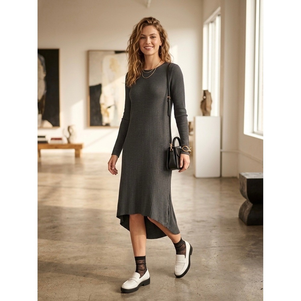 Eileen Fisher 100% Wool Ribbed Knit Midi Dress Charcoal Grey High-Low Hem S/P